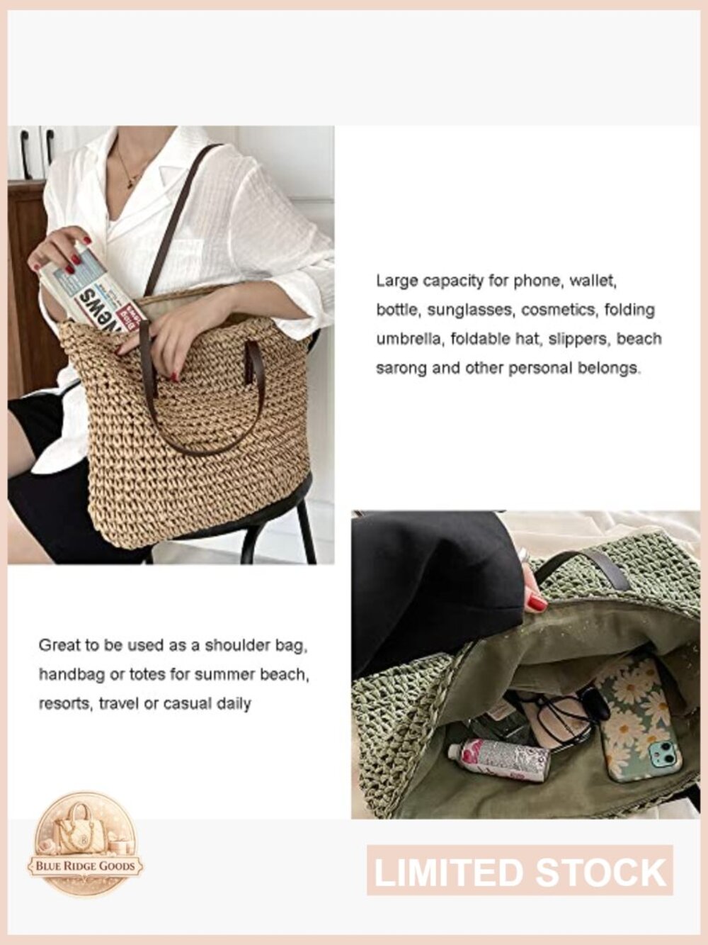 Large Straw Tote Bag Handwoven Summer Beach Shoulder Bag Zipper Closure Foldable - Picture 5 of 7